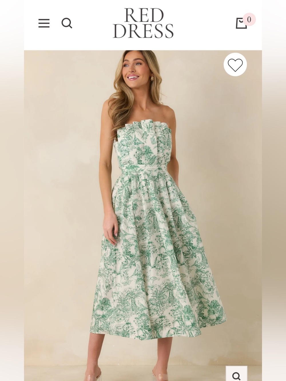 Red Dress Boutique Strapless Green Toile Midi Dress with Ruffle Trim